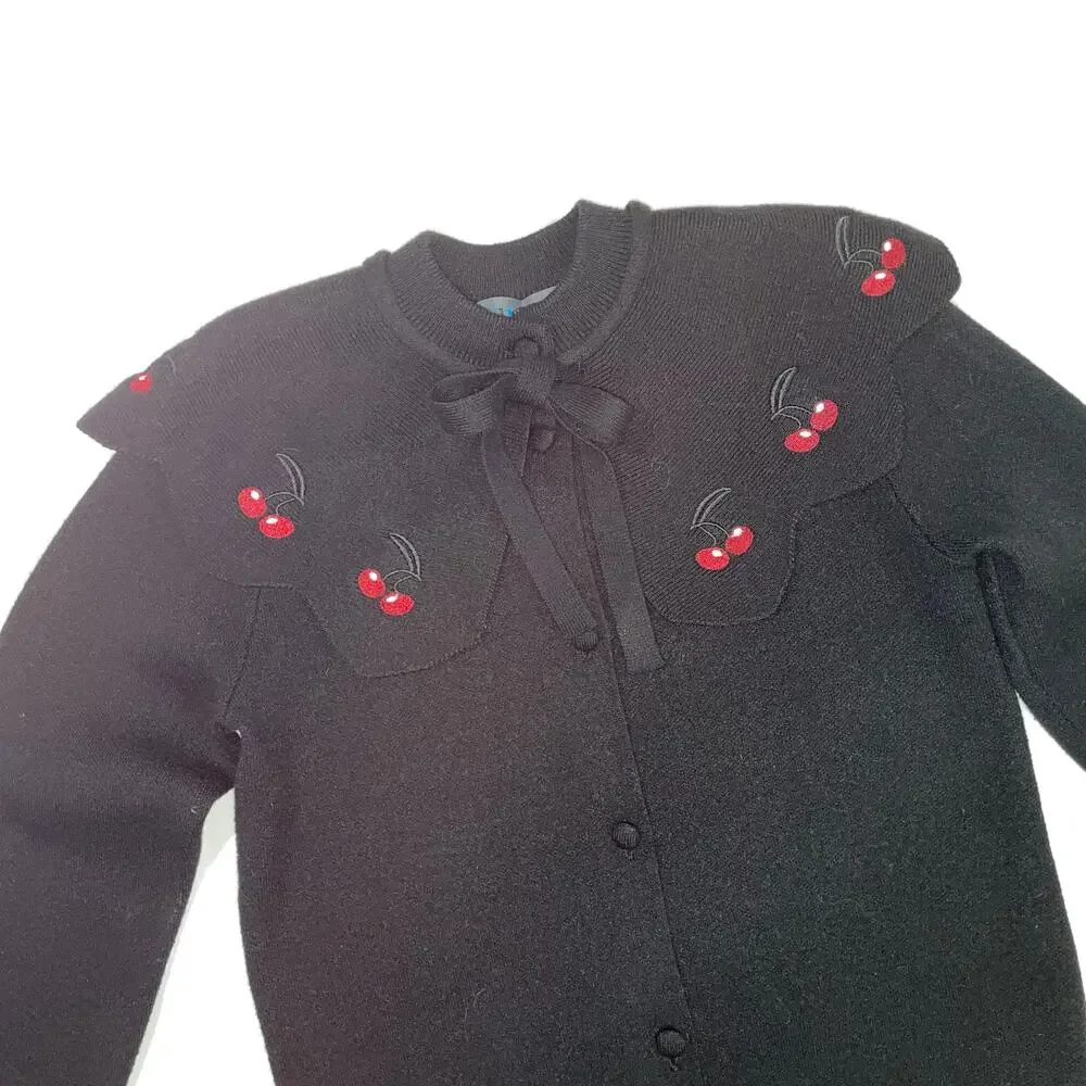Girls Black Cardigan Sweater with Cherry Peter Pan Collar Tie Neck Size 12‎
